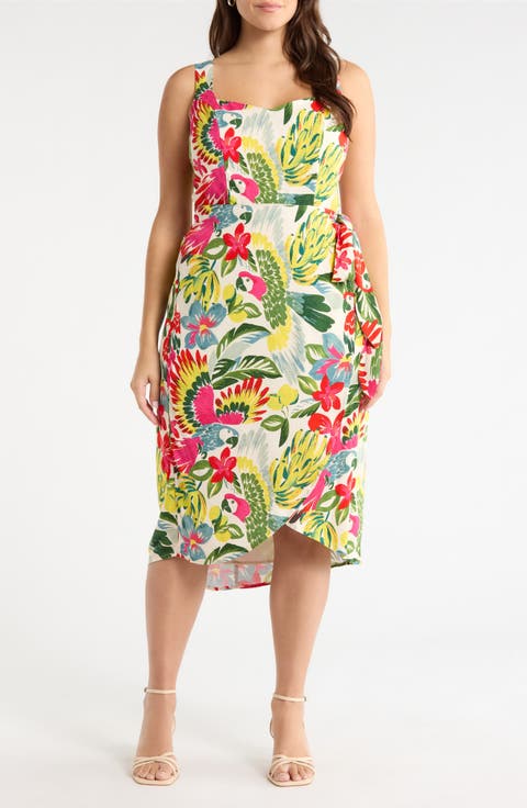 Wissa Tropical Beli Faux Wrap Midi Dress (Plus)