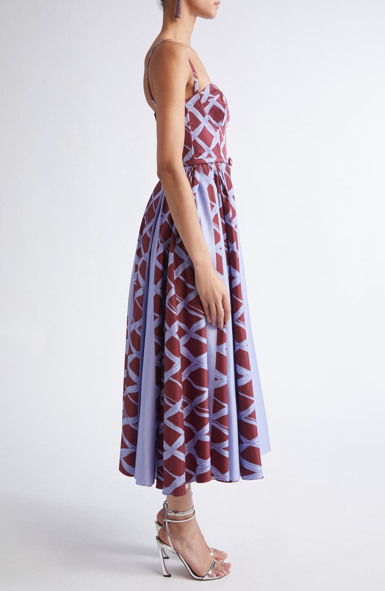 Oscar de la Renta Wavy Plaid Stretch Cotton Bustier Dress, Alternate, color, Burgundy/ Blue