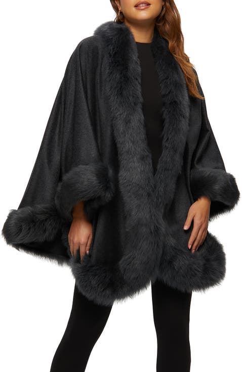 Cashmere Cape with Genuine Shearling Trim