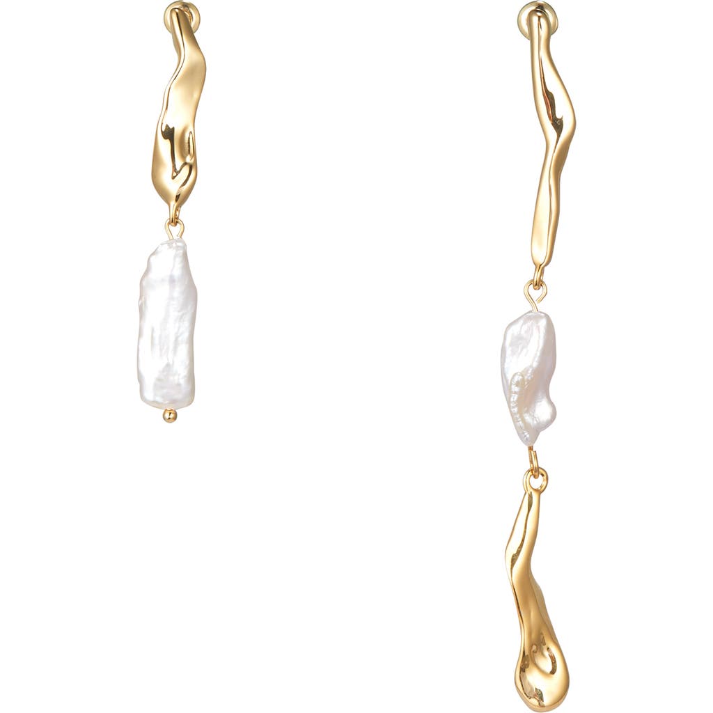 Classicharms Freshwater Baroque Pearl Asymmetrical Molten Drop Earrings In Gold