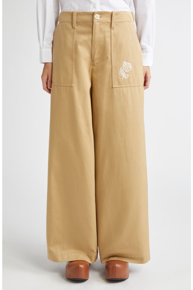Rose Embroidered Cotton Gabardine Pants, Main, color, CEMENT