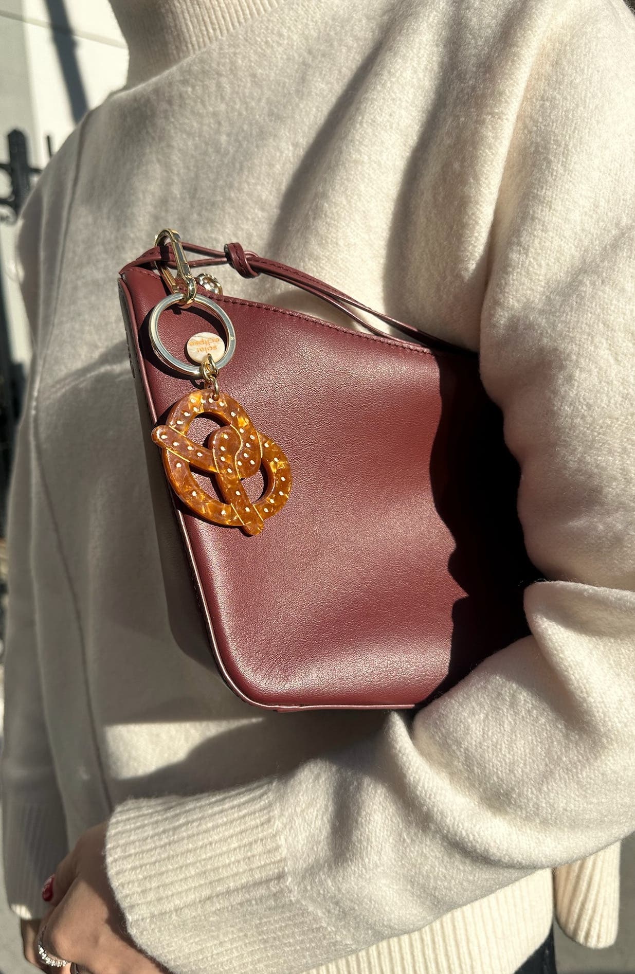 Hand-Painted Pretzel Bag Charm & Keychain, Alternate, color, BROWN