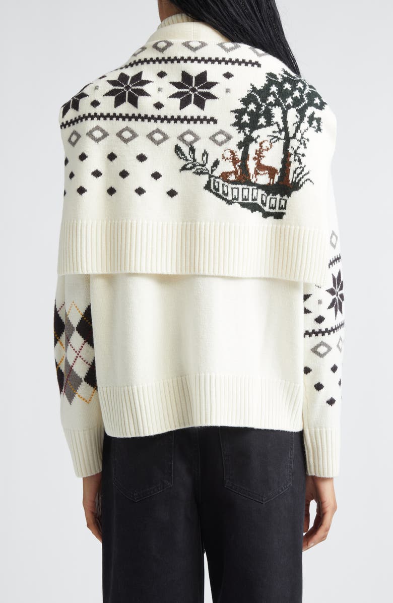 MONSE Tie Scarf Overlay Fair Isle Extrafine Merino Wool Turtleneck Sweater, Alternate, color, Ivory