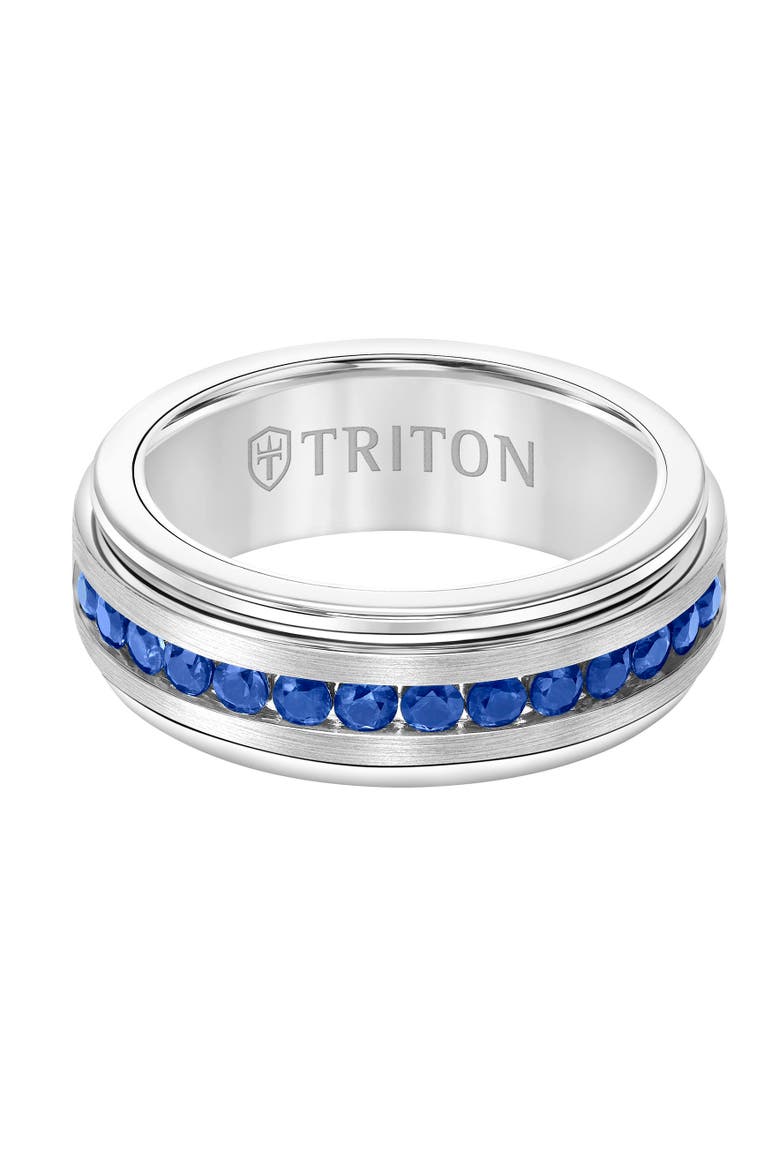 8MM Tungsten Carbide Sapphire Eternity Ring with Satin Bright Finish and Bevel Edge, Alternate, color, Metallic Silver