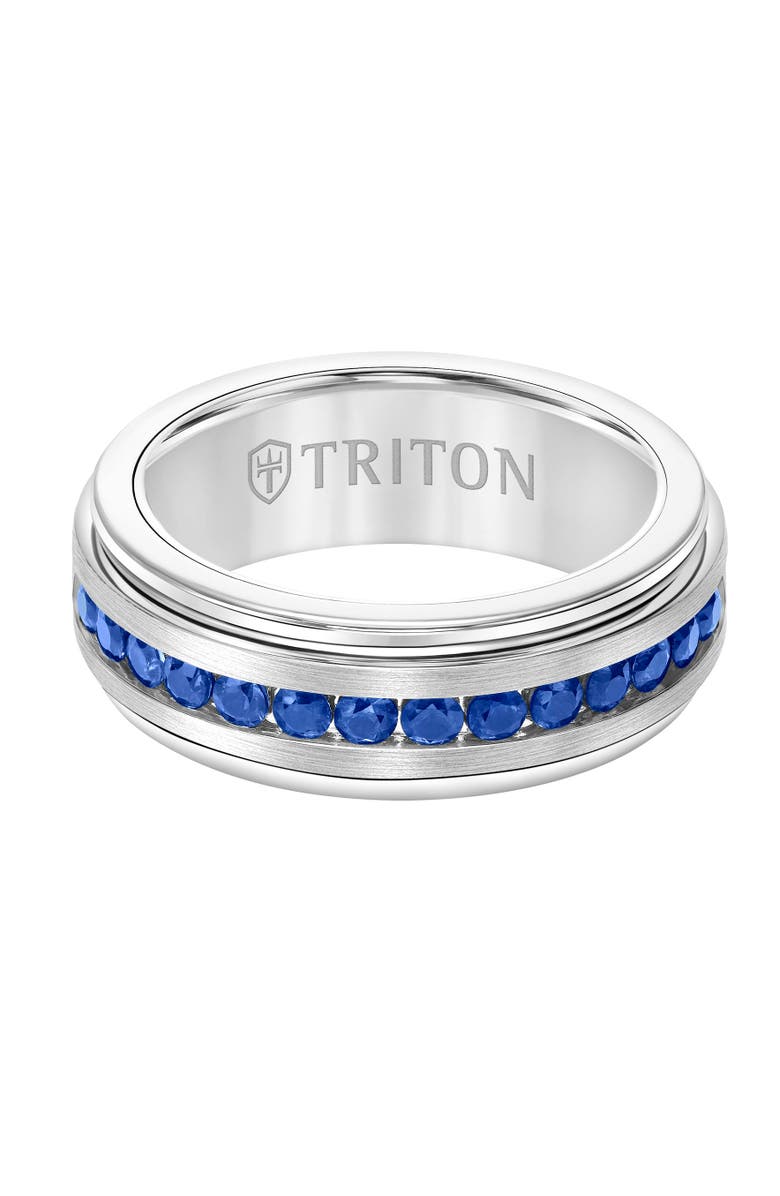 Triton 8MM Tungsten Carbide Sapphire Eternity Ring with Satin Bright Finish and Bevel Edge, Alternate, color, 
