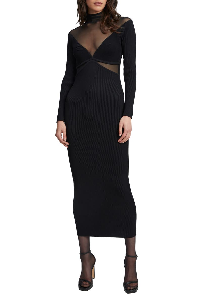 Mesh Inset Long Sleeve Ribbed Body-Con Dress, Main, color, BLACK