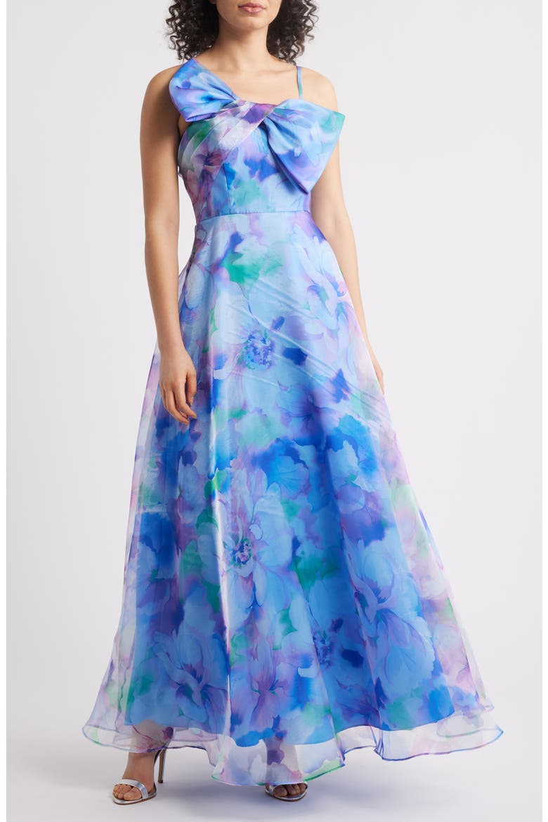 Bow Bodice Sleeveless Gown, Main, color, BLUE MULTI
