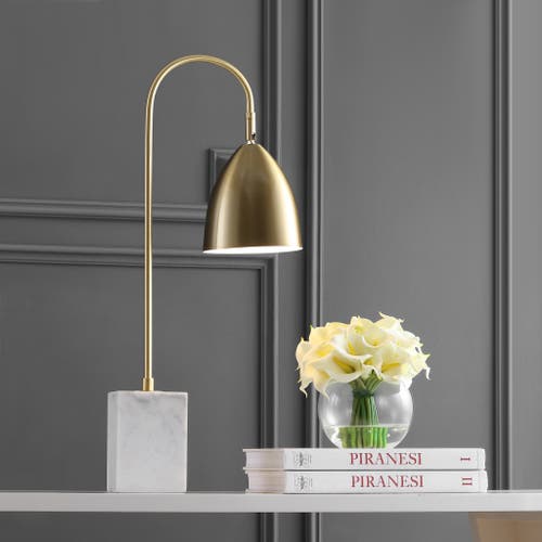 Jonathan Y Ana 26" Gold Arched Metal With Marble Base Led Table Lamp, Brass Gold/white In Brass Gold/white