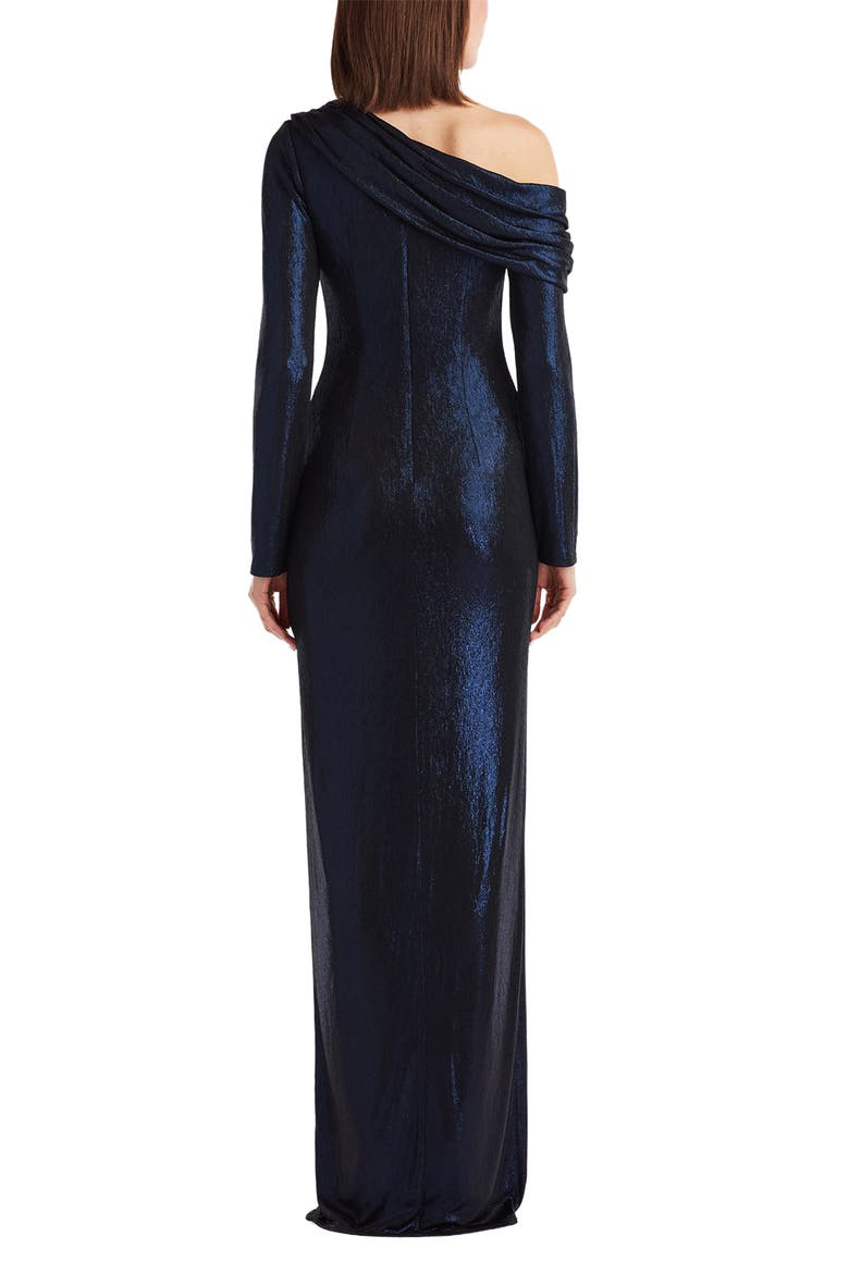 Metallic One-Shoulder Long Sleeve Gown, Alternate, color, ROYAL NAVY
