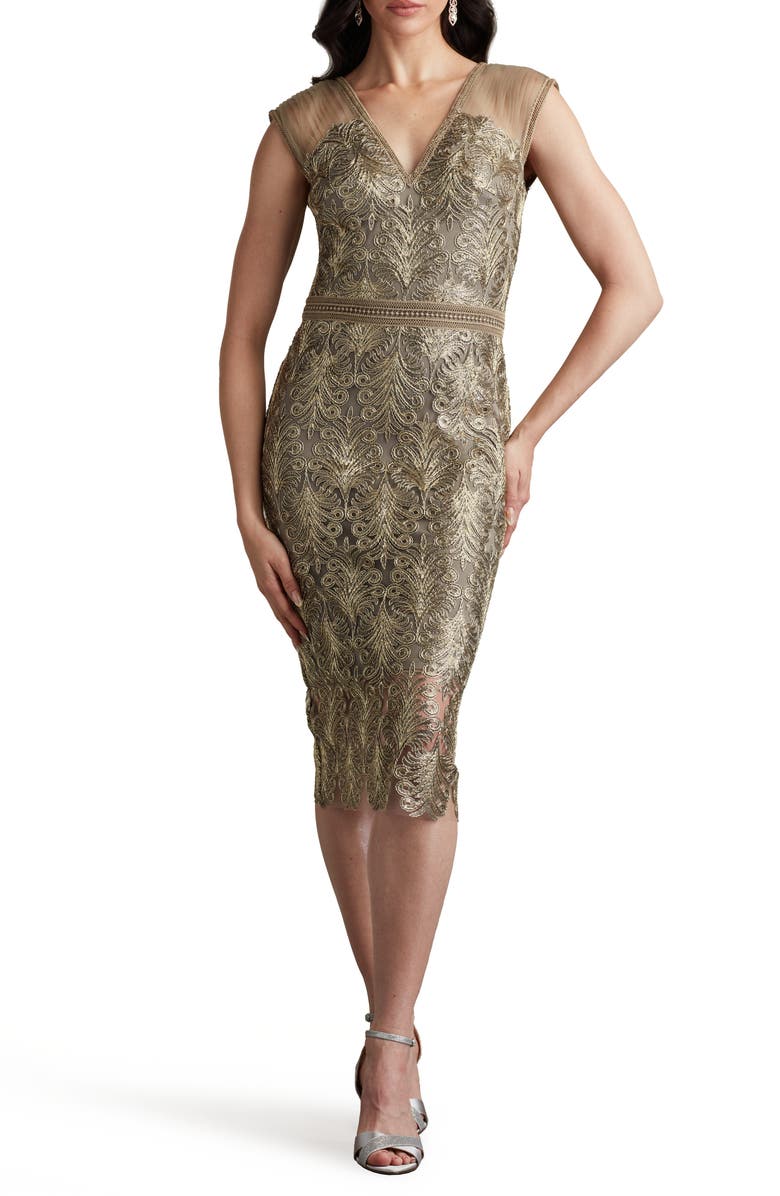 Tadashi Shoji Sequin Corded Lace Cocktail Sheath Dress, Main, color, Smoke Pearl
