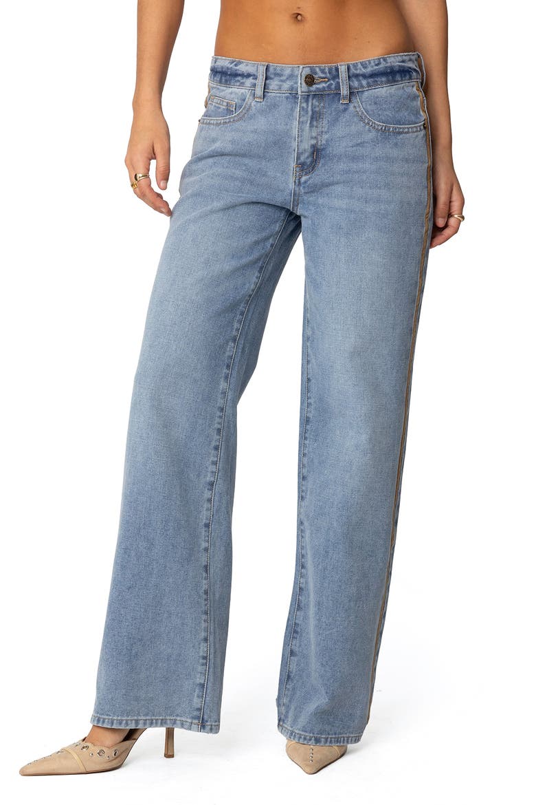 Faux Suede Stripe Low Rise Wide Leg Jeans, Main, color, BLUE
