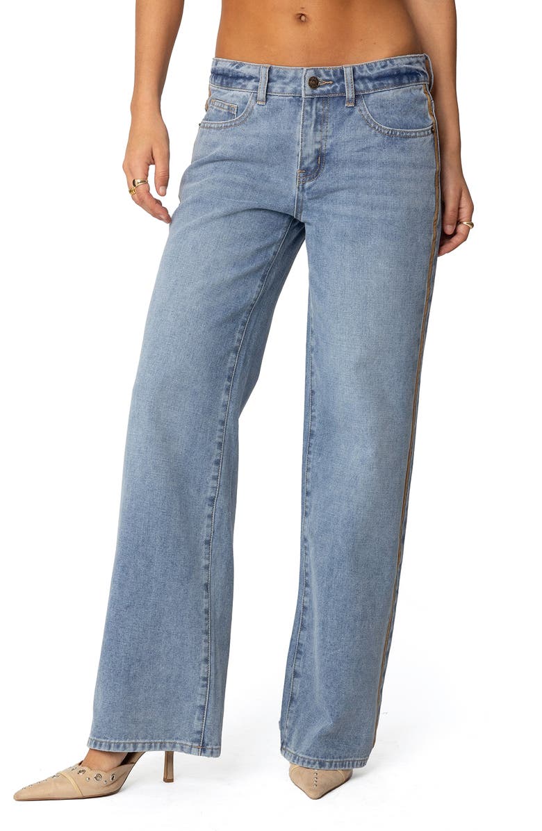 EDIKTED Faux Suede Stripe Low Rise Wide Leg Jeans, Main, color, Blue