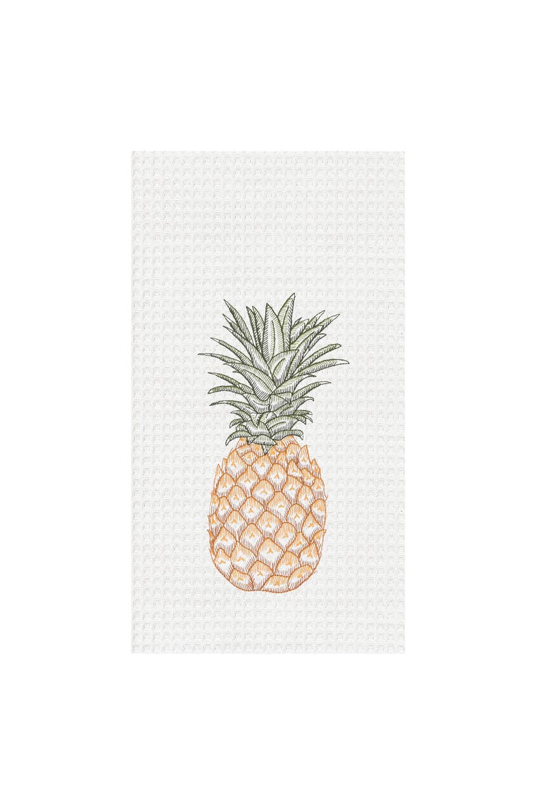 Tropical Pineapple Embroidered Waffle Weave Kitchen Dishtowel, Main, color, White