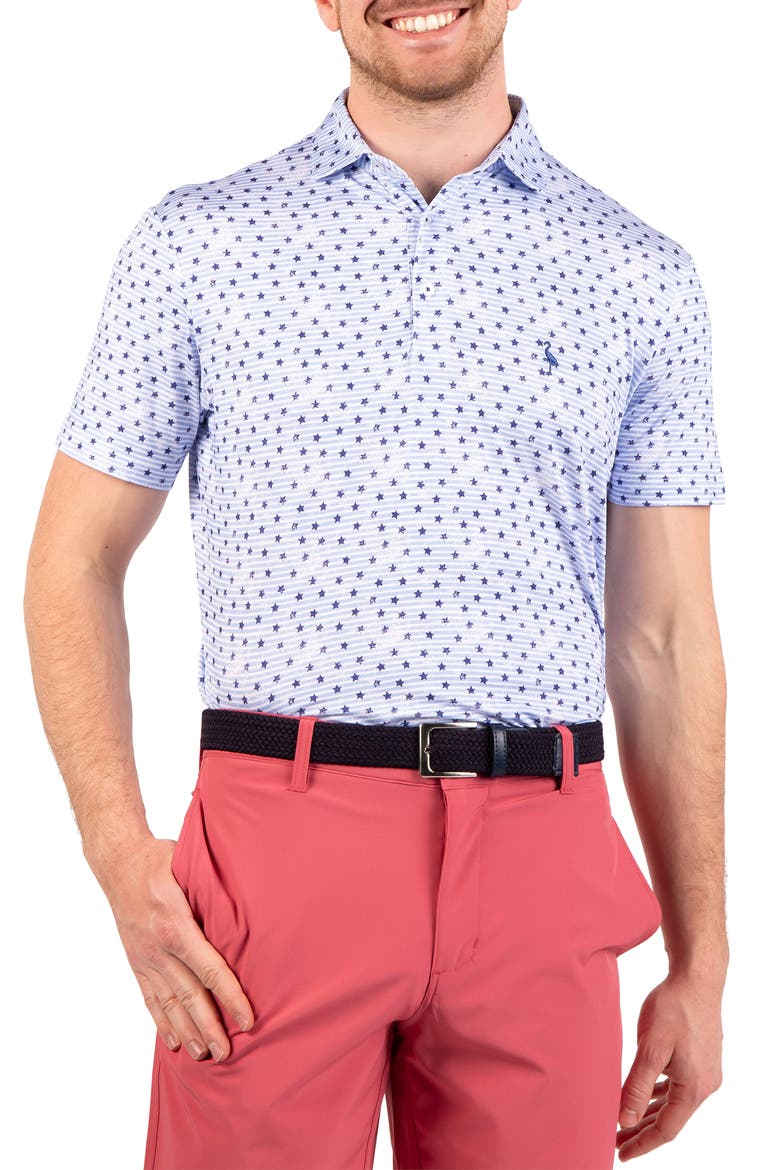 Vintage Stars Print Performance Polo, Alternate, color, BLUE