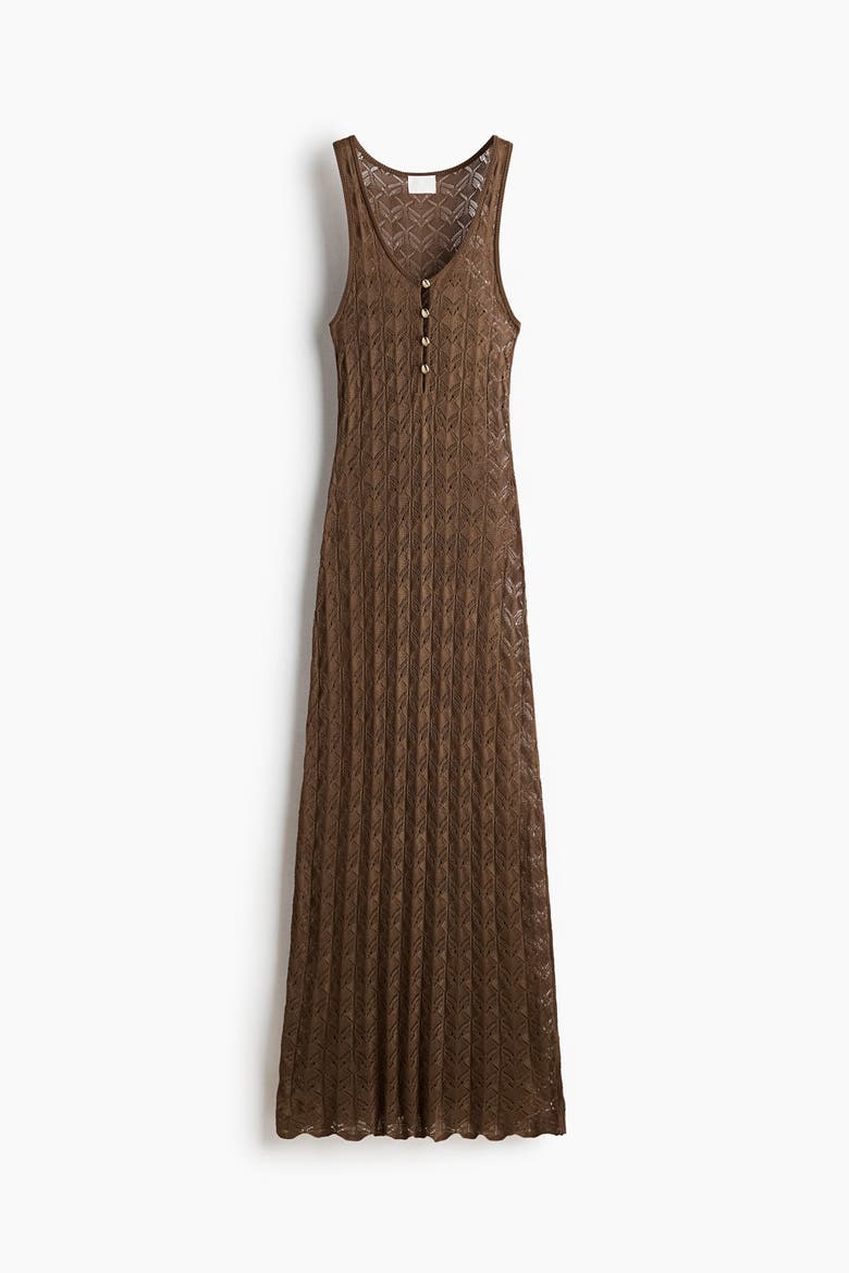Button-top Crochet-look Dress, Main, color, Brown