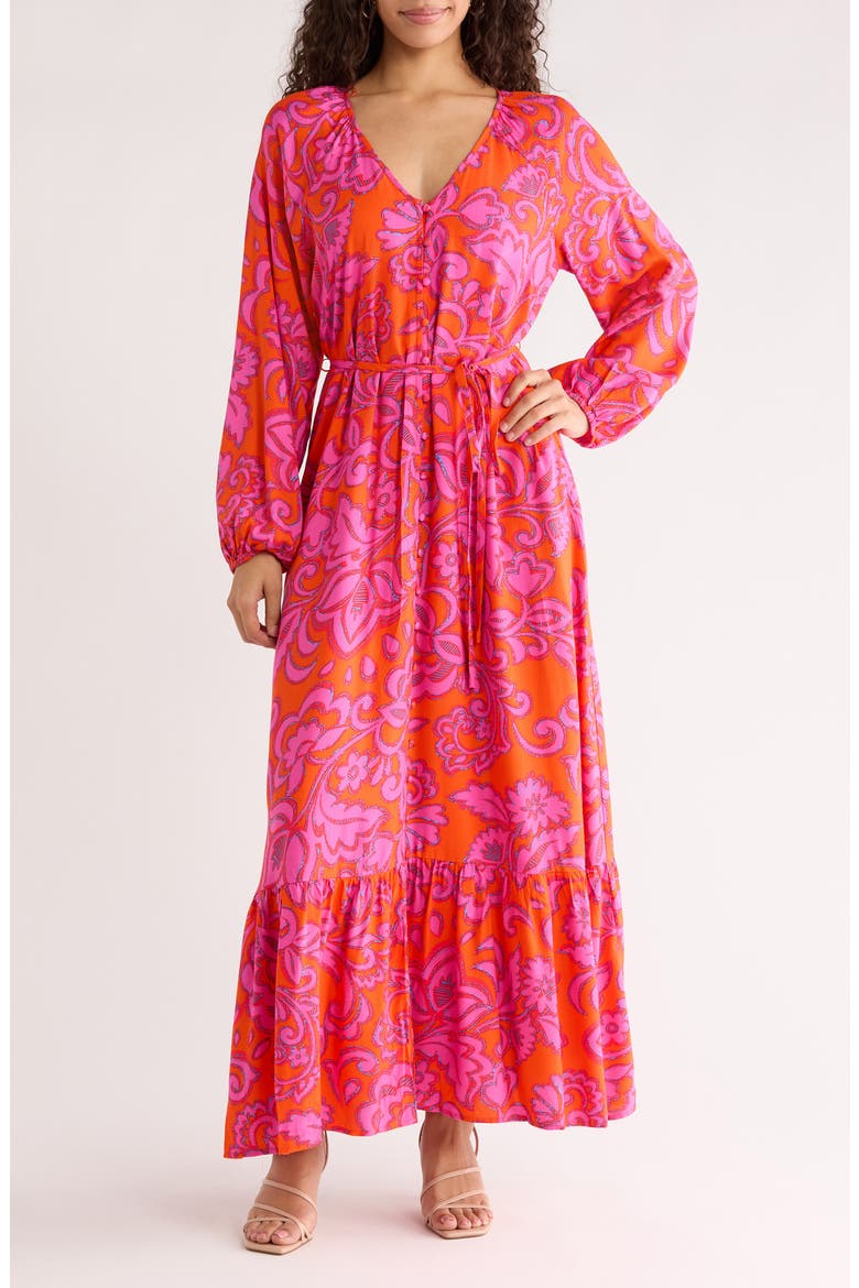 Marinda Floral Larrie Long Sleeve Button Maxi Dress, Main, color, ORANGE-FUCHSIA