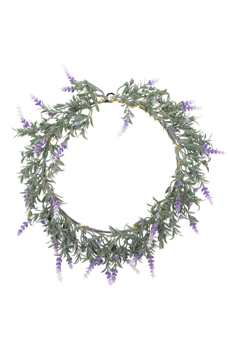 Northlight Pre-Lit Battery Operated Purple Ombre Lavender Spring Wreath- 16" - White LED Lights, Main, color, Green