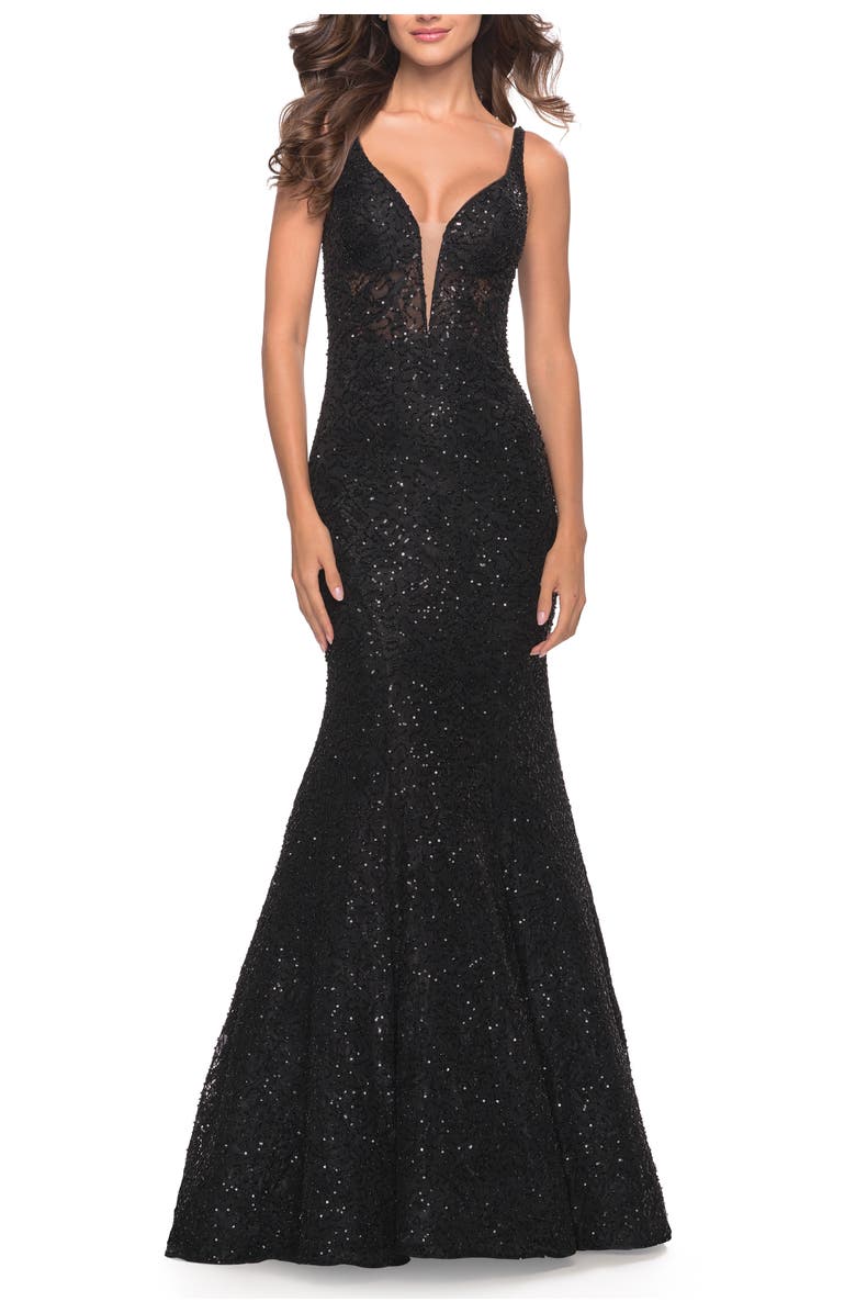 La Femme Mermaid Beaded Lace Dress with Sheer Bodice, Main, color, Black