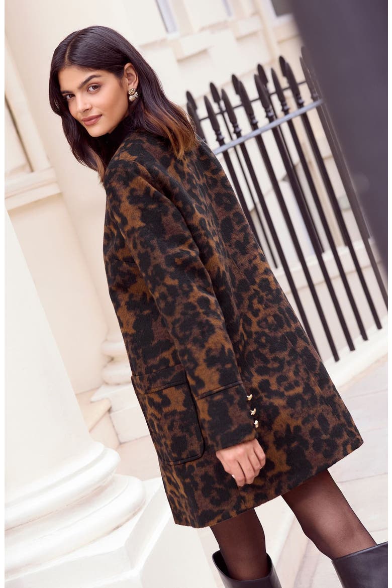 Collarless Leopard Swing Coat, Alternate, color, BROWN MULTI