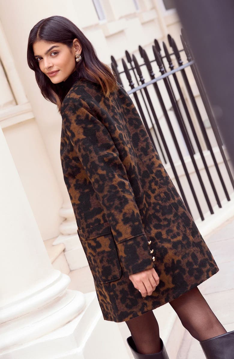Friends Like These Collarless Leopard Swing Coat, Alternate, color, Brown Multi
