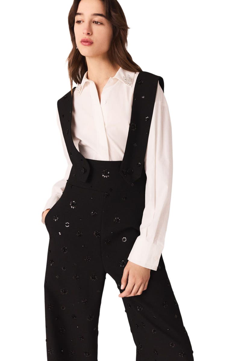 maje Embroidered trousers with braces, Alternate, color, Black