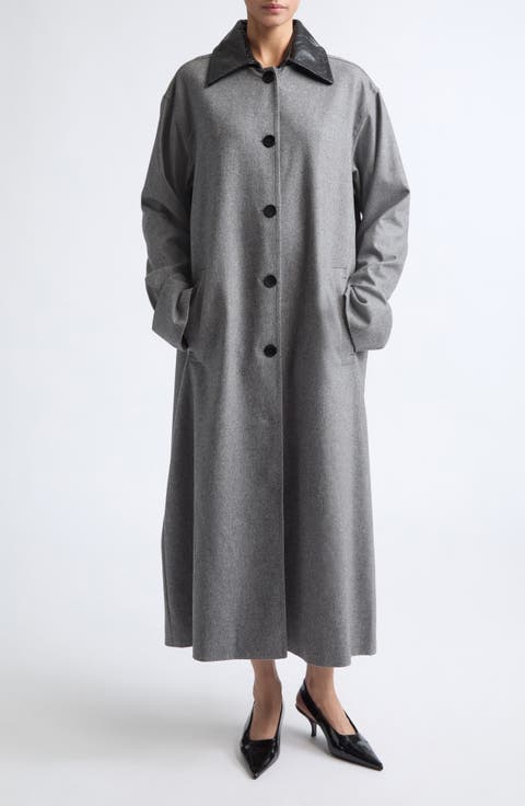 Stretch Wool & Cashmere Swing Coat with Leather Collar
