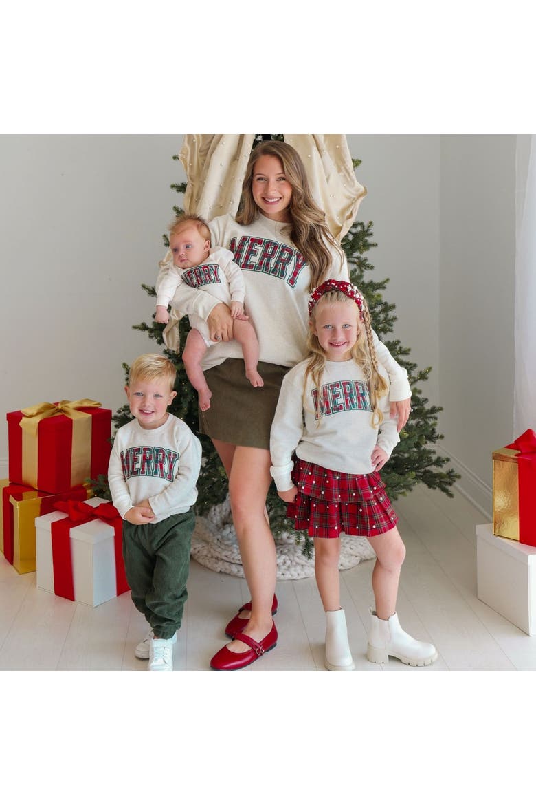 Merry Tartan Patch Christmas Long Sleeve Romper, Alternate, color, Natural