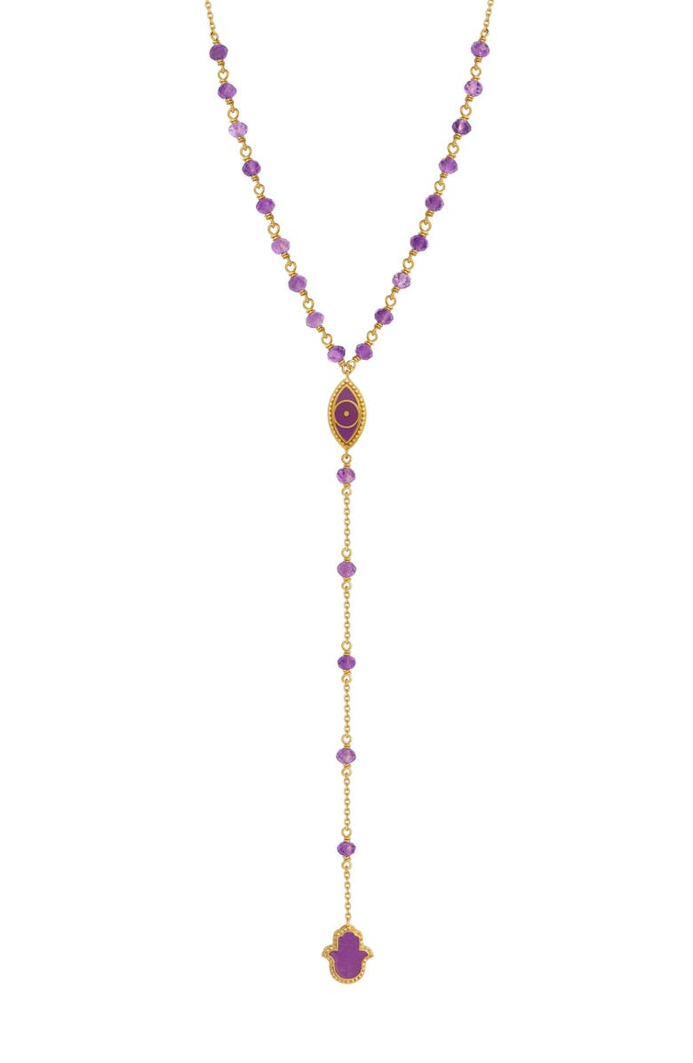 Karma and Luck Guardian Spirit Amethyst Hamsa & Evil Eye Gold Necklace, Main, color, Purple/Gold