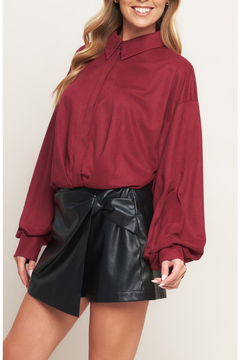 Faux Suede Balloon Sleeve Shirt, Alternate, color, WINE
