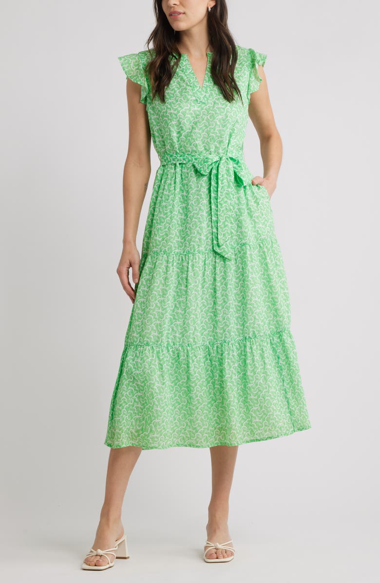 Caslon<sup>®</sup> Print Ruffle Sleeve Tie Waist Midi Dress, Main, color, Green- White Sunburst Geo