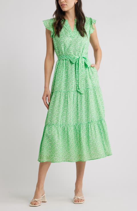 Print Ruffle Sleeve Tie Waist Midi Dress