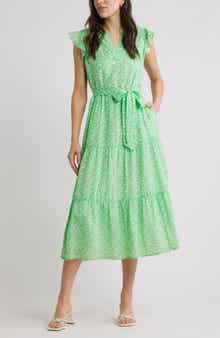 Caslon® Print Ruffle Sleeve Tie Waist Midi Dress