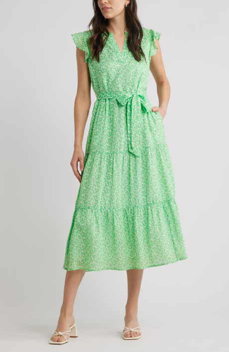 Caslon® Print Ruffle Sleeve Tie Waist Midi Dress