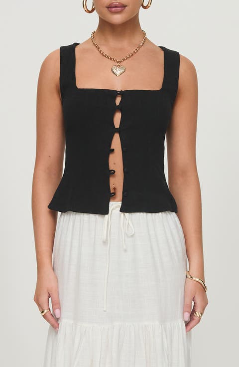 Zanda Keyhole Linen Blend Button-Up Tank