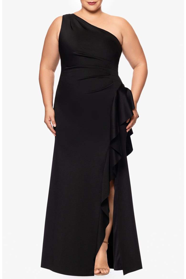 One-Shoulder Ruffle Scuba Knit Gown, Main, color, BLACK