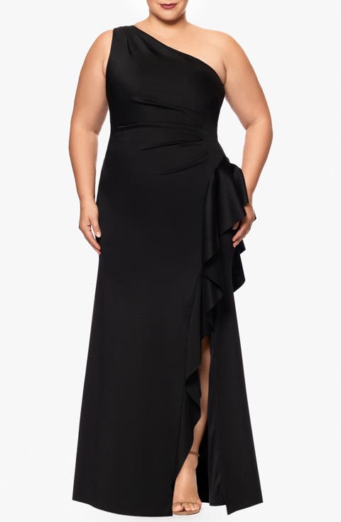 One-Shoulder Ruffle Scuba Knit Gown (Plus)