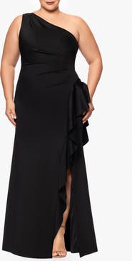 Xscape Evenings One-Shoulder Ruffle Scuba Knit Gown
