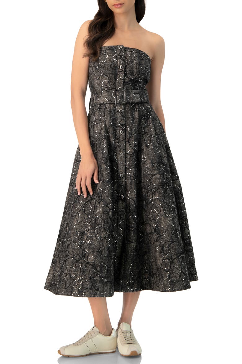 Fantasy Denim Midi Strapless Dress, Main, color, Black