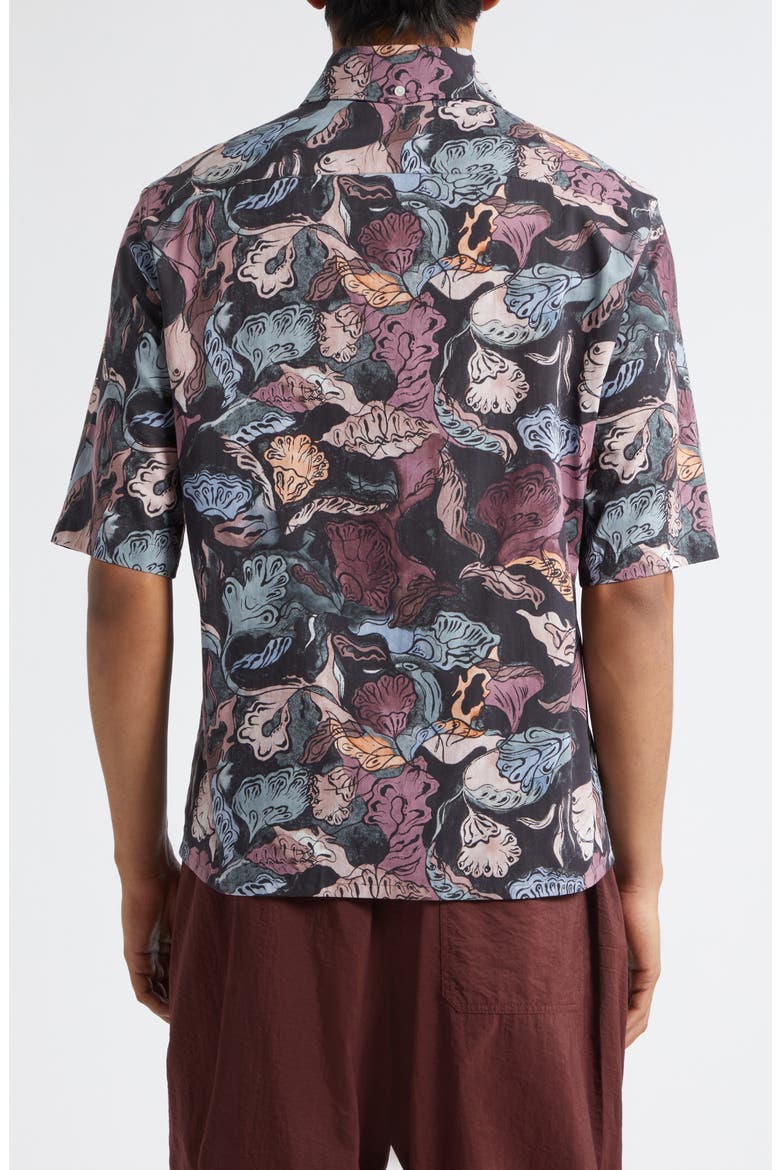 Floral Short Sleeve Button-Down Shirt, Alternate, color, BLACK / PLUM