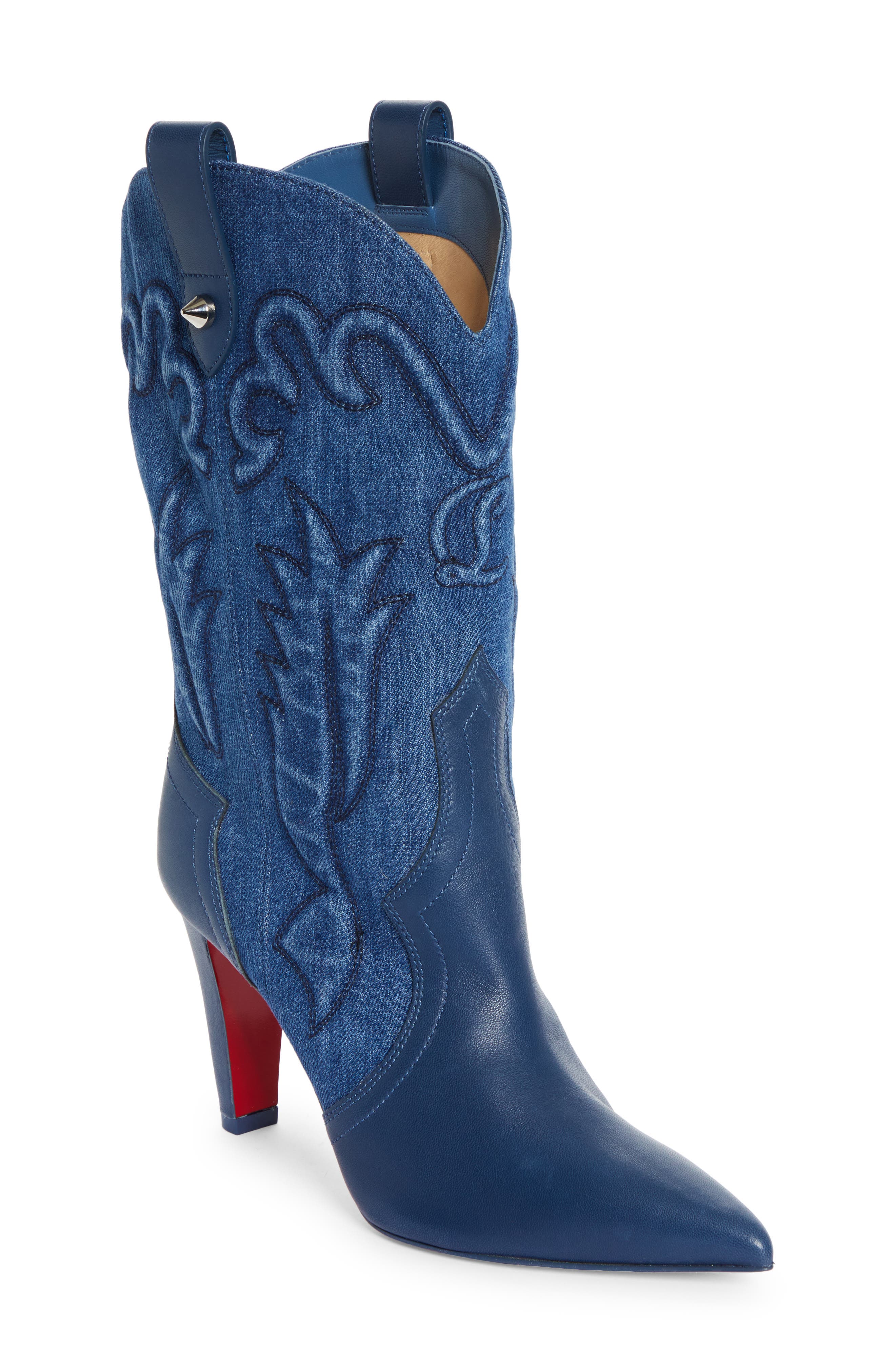 Christian Louboutin Santiag Denim & Leather Western Boot, Main, color, 