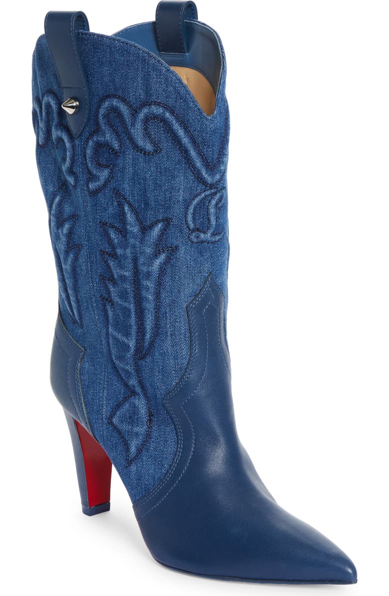 Christian Louboutin Santiag Denim & Leather Western Boot, Main, color,