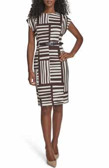 Calvin Klein Stripe Cap Sleeve Belted Sheath Dress