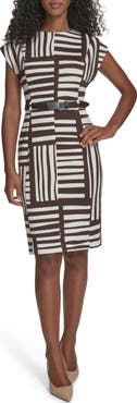 Calvin Klein Stripe Cap Sleeve Belted Sheath Dress
