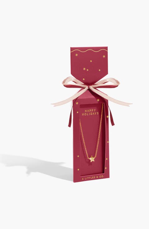 Christmas Gift Box 'Happy Holidays' Necklace in Gold-Tone Plating