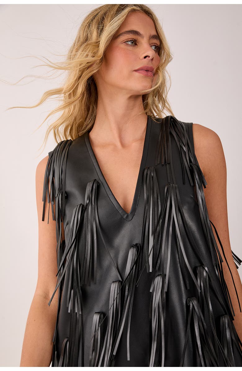 NASTY GAL Faux Leather Tassel Plunge Mini Dress, Alternate, color, Black