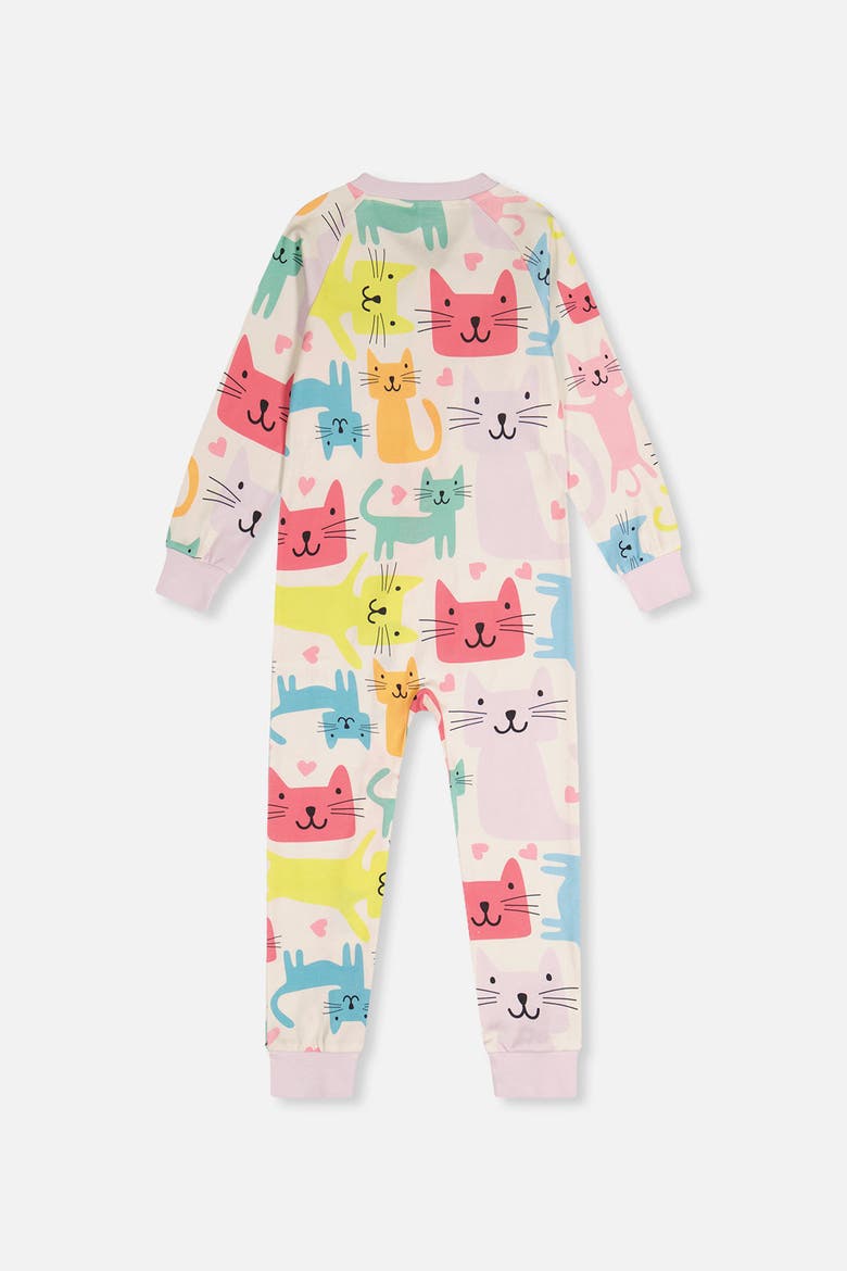 Cat Organic Cotton Front Zipper One Piece Pajama, Alternate, color, White Printed Cats