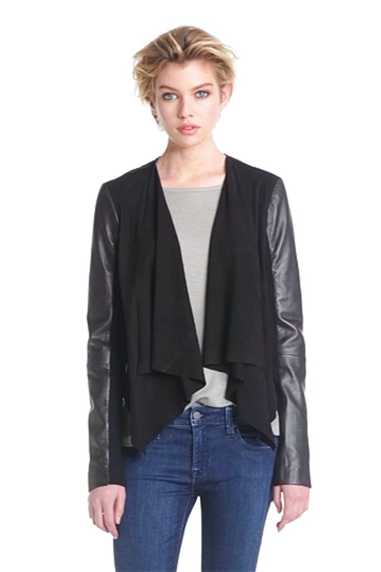 Hinge® Draped Suede & Leather Jacket, Alternate, color, BLACK