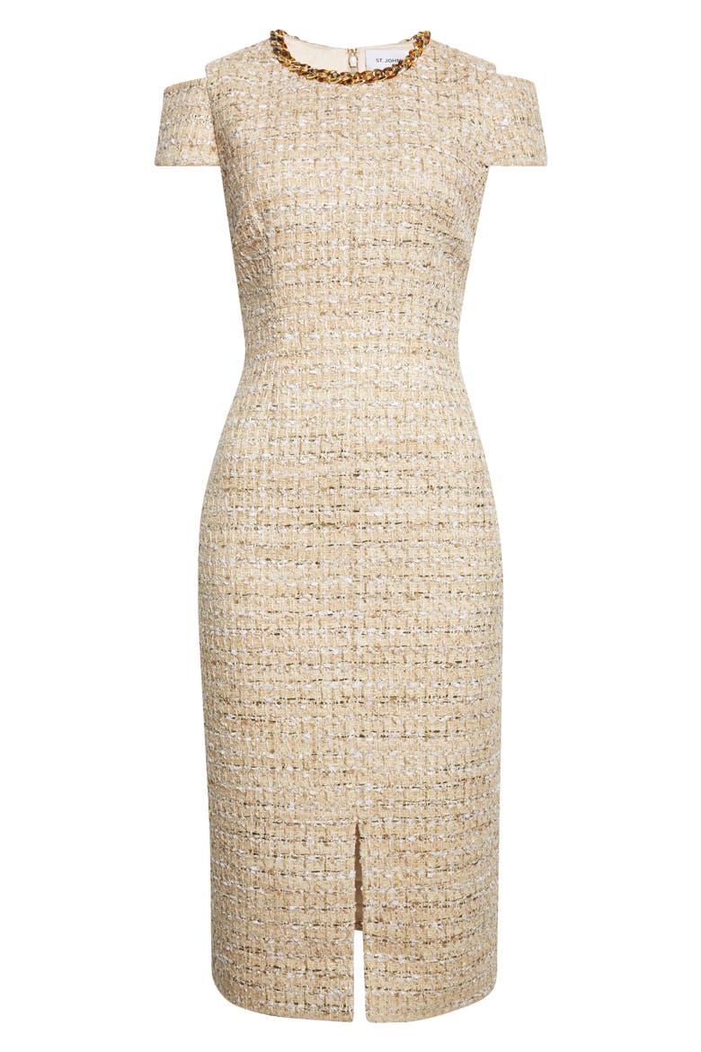 Phoebe Chain Embellished Tweed Sheath Dress, Alternate, color, FLAX WILLOW/ IVORY MULTI