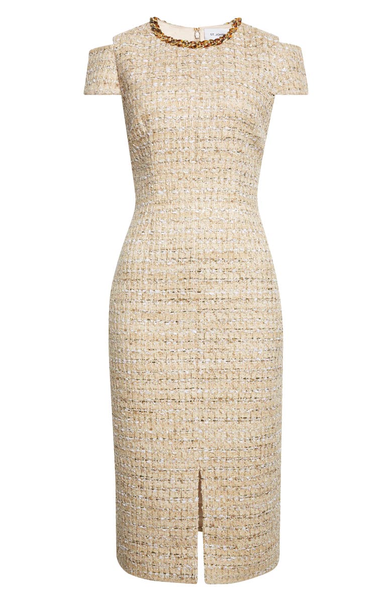 ST. JOHN Phoebe Chain Embellished Tweed Sheath Dress, Alternate, color, Flax Willow/ Ivory Multi
