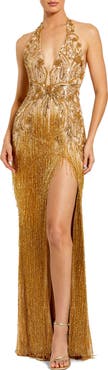Mac Duggal Fringe Embellished Halter Neck High Slit Gown